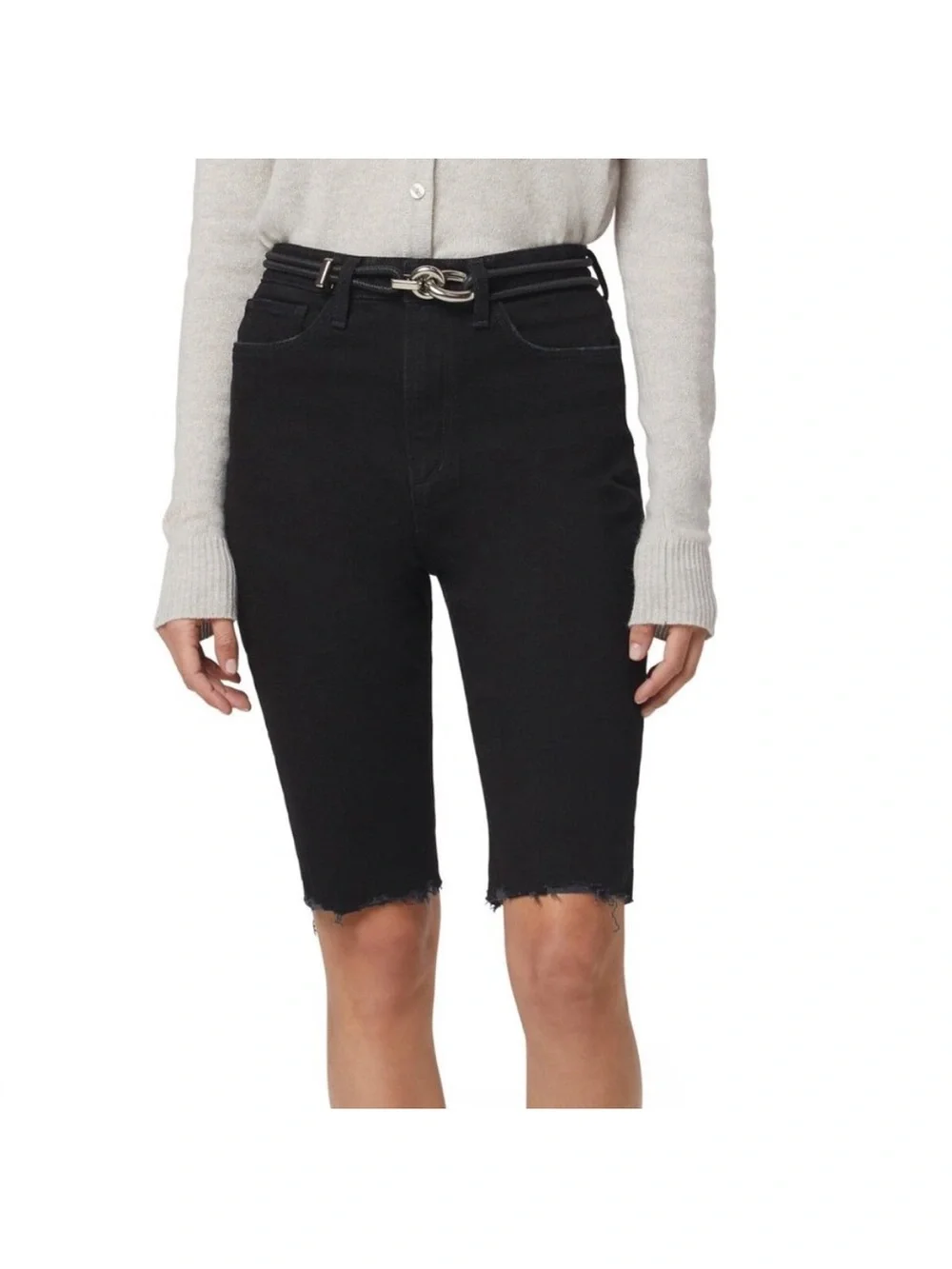 Favorite Daughter Eva long black denim shorts